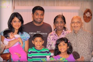 In 2014 - Mr & Mrs Rajadeva with son Ahilan, daughter in law Samitha, grandchildren, Harini, Yuvan and Sanvi