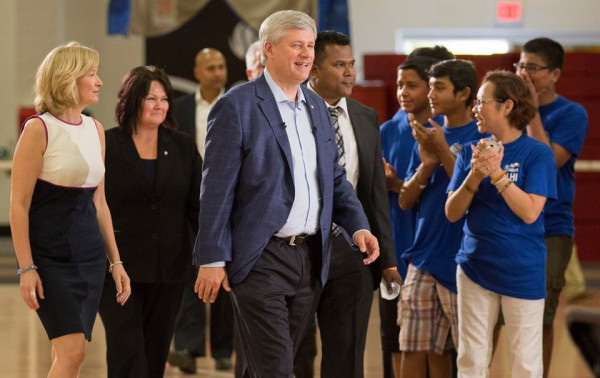 Prime Minister Harper, wife Laureen and Scarborough South West PC candidate Roshan Nallaratnam 