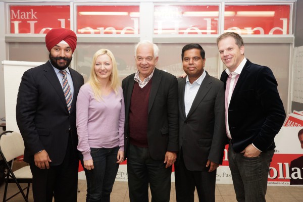 Left to Right - Liberal Party candidates: Navdeep Baines (Missisuaga-Malton), Jennifer O'Connell (Pickering-Uxbridge), John McCallum (Markham-Thornhill), Gary Anandasangaree (Scarborough Rouge-Park), Mark Holland (Ajax)