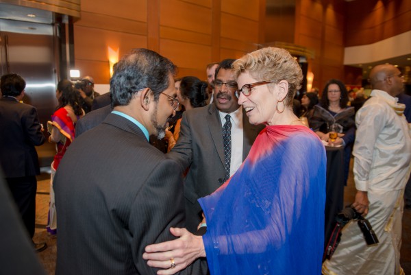 Premier Kathleen Wynne in conversation with Rev. Fr. S.J. Emmanuel, Dr. Elias Jeyarajah of United States Tamil Political Action Council (USTPAC) and David Poopalapillai of Canadian Tamil Congress
